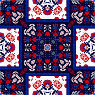 Folkart quilt traditional pattern. Patchwork red white blue trendy allover print. Norwegian style European cloth