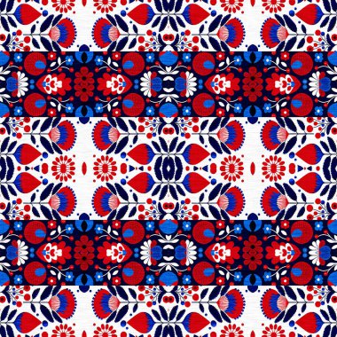 Folkart quilt traditional pattern. Patchwork red white blue trendy allover print. Norwegian style European cloth