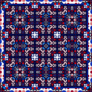 Folkart quilt whimsical pattern. Norwegian style European cloth. Patchwork red white blue trendy allover print