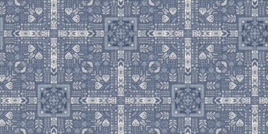 Farm house blue intricate damask seamless border. Tonal french country cottage style trim. Simple rustic fabric textile for shabby chic patchwork