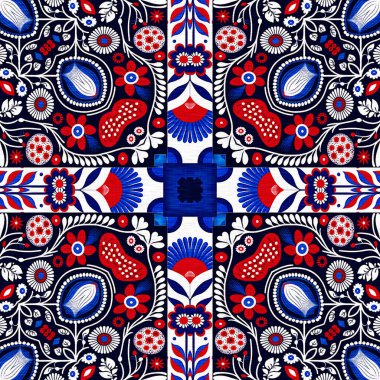 Folkart quilt traditional pattern. Patchwork red white blue trendy allover print. Norwegian style European cloth