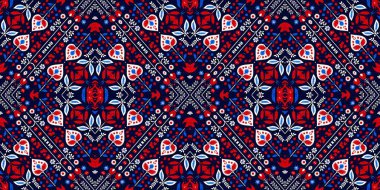 Folkart quilt traditional border. Patchwork red white blue trendy trim. Norwegian style European cloth