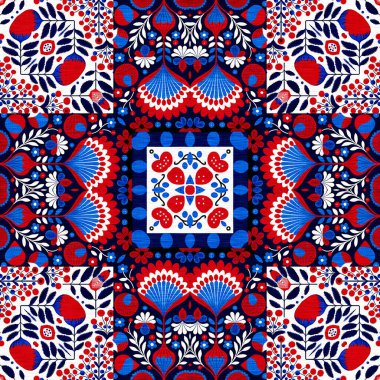 Folkart quilt traditional pattern. Patchwork red white blue trendy allover print. Norwegian style European cloth