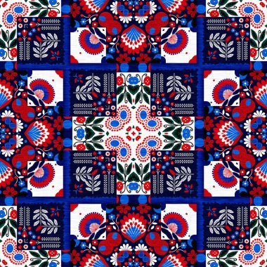 Folkart quilt whimsical pattern. Norwegian style European cloth. Patchwork red white blue trendy allover print