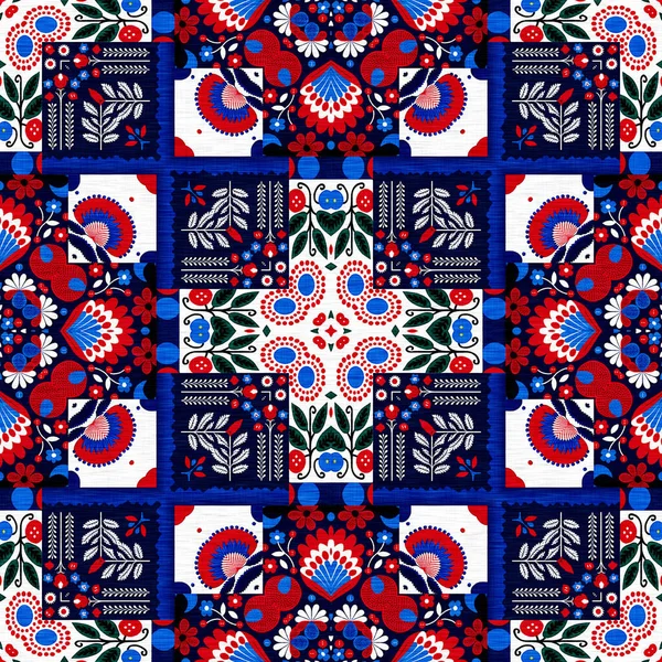 Folkart Quilt Whimsical Pattern Norwegian Style European Cloth Patchwork Red — Foto Stock