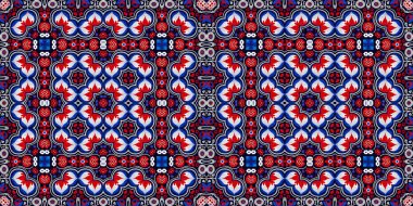 Folkart quilt traditional border. Patchwork red white blue trendy trim. Norwegian style European cloth