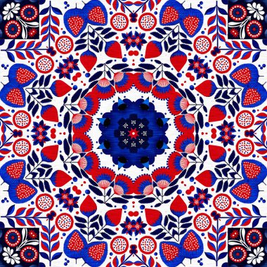 Folkart quilt whimsical pattern. Norwegian style European cloth. Patchwork red white blue trendy allover print