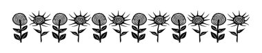 Scandi bahçe filizi çiçekli pankart alçak kaş tarzında. El çizimi linocut grafik tasarımı için tuhaf bitki sınırları