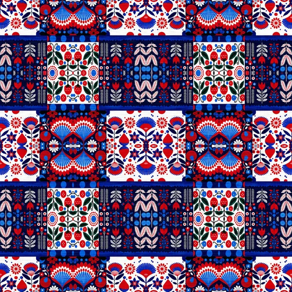 Folkart Quilt Whimsical Pattern Norwegian Style European Cloth Patchwork Red — Stockfoto