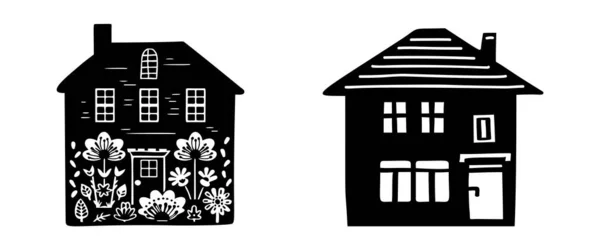 Bahçe Seti Olan Tuhaf Evler Kırsal Linocut Emlak Motifleri Koleksiyonu — Stok Vektör