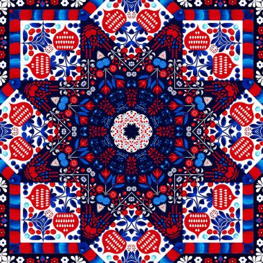 Folkart quilt whimsical pattern. Norwegian style European cloth. Patchwork red white blue trendy allover print