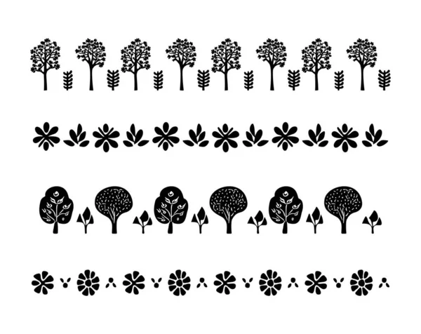Collection Woodland Tree Scandi Linocut Vector Border Washi Tape Design — Stock Vector