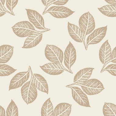 Lino 'da elle oyulmuş botanik yaprak. Skandi stili, kusursuz vektör deseni. Kırsal yapraklı grafik tasarım arkaplanı