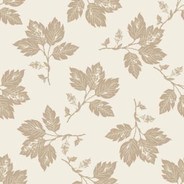 Lino 'da elle oyulmuş botanik yaprak. Skandi stili, kusursuz vektör deseni. Kırsal yapraklı grafik tasarım arkaplanı
