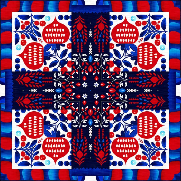 Folkart Quilt Whimsical Pattern Norwegian Style European Cloth Patchwork Red — Stock Fotó