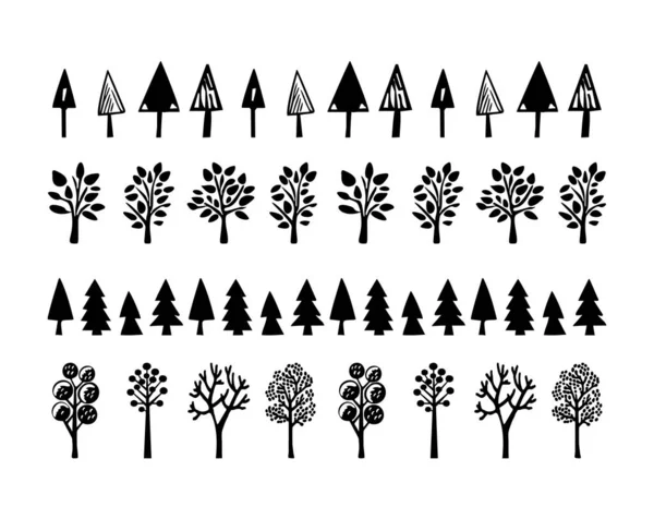 Collection Woodland Tree Scandi Linocut Vector Border Washi Tape Design — Stock Vector