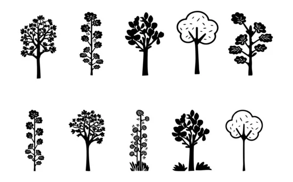Linocut Árvore Elementos Design Vetor Scandi Estilo Definido Grupo Símbolos — Vetor de Stock