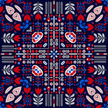 Folkart quilt whimsical pattern. Norwegian style European cloth. Patchwork red white blue trendy allover print