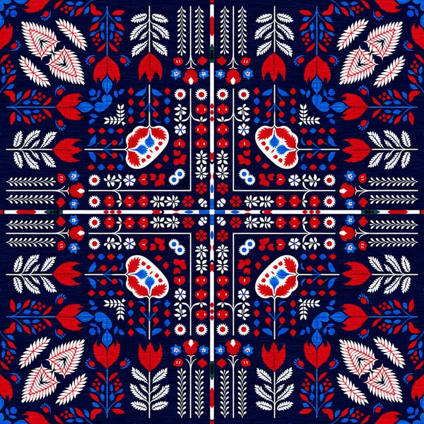 Folkart Quilt Whimsical Pattern Norwegian Style European Cloth Patchwork Red — Stok fotoğraf