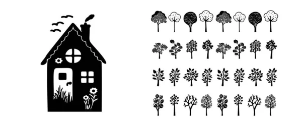 Skurriles Haus Mit Einer Gruppe Von Waldrändern Vektormotiv Organischen Stil — Stockvektor