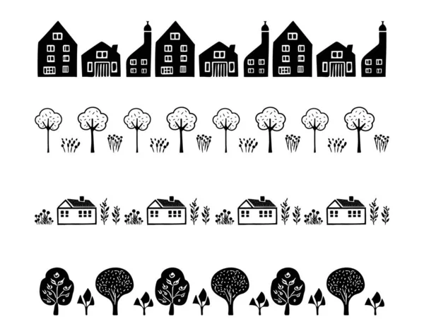 Set Banners Quirky House Vector Illustrations Graphic Edging Childish Linocut — Stock Vector