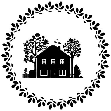 Eski tarz çerçeveli şirin bir kır evi motifi. Kırsal evlerin ilginç illüstrasyonları