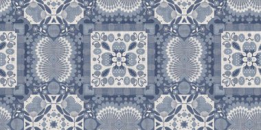 Farm house blue damask seamless border. Tonal french intricate cottage style trim. Simple rustic fabric textile for shabby chic patchwork
