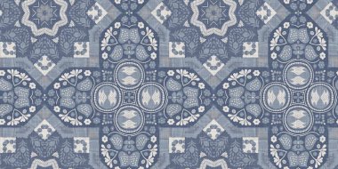 Farm house blue intricate damask seamless border. Tonal french country cottage style trim. Simple rustic fabric textile for shabby chic patchwork