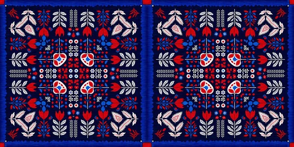 Folkart Quilt Whimsical Border Norwegian Style European Cloth Patchwork Red — Stock Photo, Image