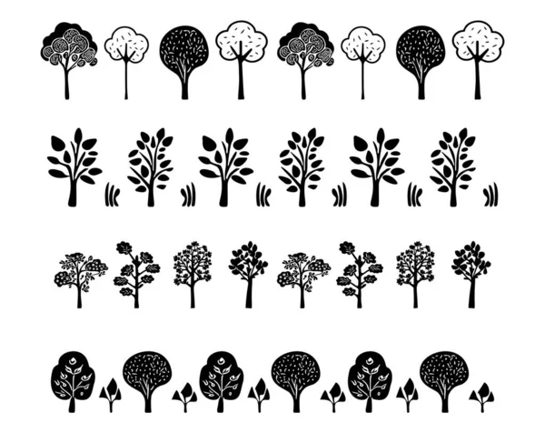 Kolekcja Drzew Leśnych Scandi Linocut Granicy Wektora Projekt Taśmy Washi — Wektor stockowy