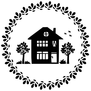 Eski tarz çerçeveli şirin bir kır evi motifi. Kırsal evlerin ilginç illüstrasyonları