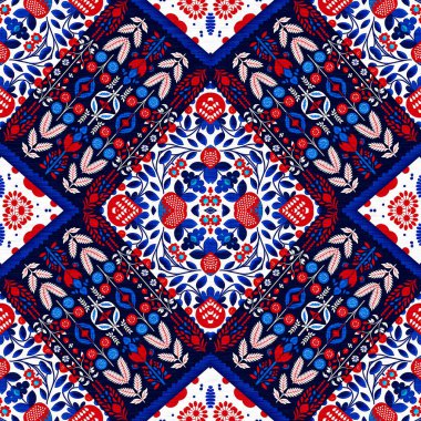 Folkart quilt whimsical pattern. Norwegian style European cloth. Patchwork red white blue trendy allover print