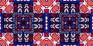Folkart quilt whimsical border. Norwegian style European cloth. Patchwork red white blue trendy washi tape