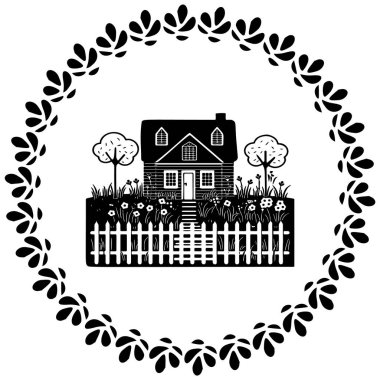 Eski tarz çerçeveli şirin bir kır evi motifi. Kırsal evlerin ilginç illüstrasyonları