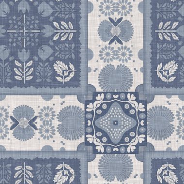 Farm house blue intricate country cottage seamless pattern. Tonal french damask style background. Simple rustic fabric textile for shabby chic patchwork