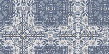 Farm house blue damask seamless border. Tonal french intricate cottage style trim. Simple rustic fabric textile for shabby chic patchwork