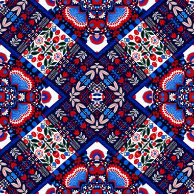 Folkart quilt whimsical pattern. Norwegian style European cloth. Patchwork red white blue trendy allover print