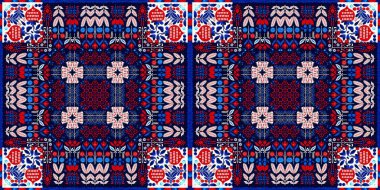 Folkart quilt whimsical border. Norwegian style European cloth. Patchwork red white blue trendy washi tape