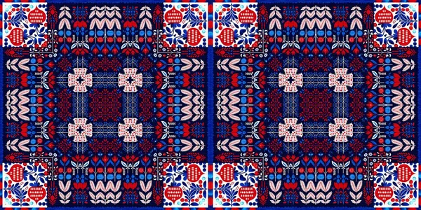 Folkart Quilt Whimsical Border Norwegian Style European Cloth Patchwork Red — Stock Photo, Image