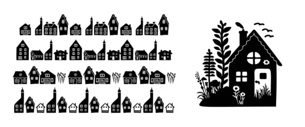 Maison Originale Avec Groupe Bordures Forêt Dans Style Organique Motif — Image vectorielle