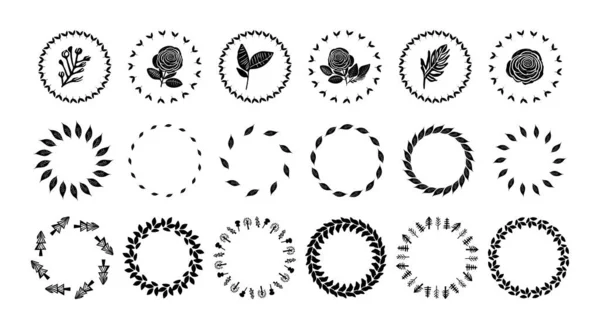 Collection Floral Nordic Decorative Frames Isolated White Background Group Monochrome — Stock Vector