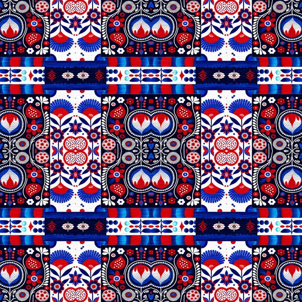 Folkart Quilt Whimsical Pattern Norwegian Style European Cloth Patchwork Red — стоковое фото