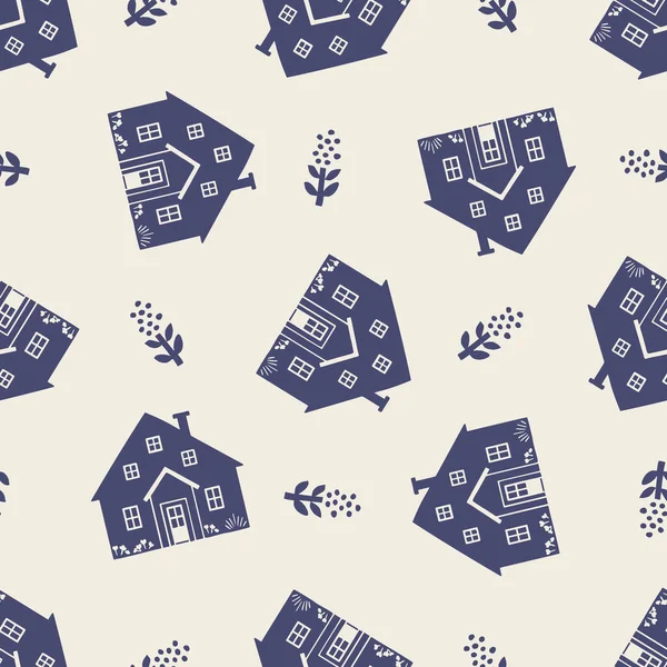 Masculine Block Print House Vector Pattern Seamless Sketchy City Street — Stock Vector