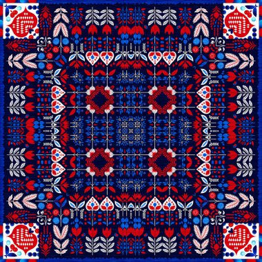 Folkart quilt traditional pattern. Patchwork red white blue trendy allover print. Norwegian style European cloth