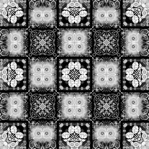 エレガントなフェミニンなスタイルで黒と白のレース民俗花のパターンを紹介します 繰り返しヴィンテージレースモノクロ効果スカーフ Print — ストック写真