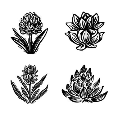 Linotype floral icon collection in whimsical vector art. Decorative foliate design for rustic botany set clipart