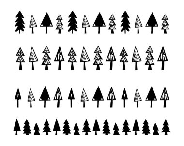 Garip köknar ağacı scandi linocut vektör sınırı kümesi. Çam ağacı mürekkebi çizimi için Washi bant tasarımı