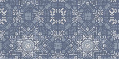 Farm house blue damask seamless border. Tonal french intricate cottage style trim. Simple rustic fabric textile for shabby chic patchwork