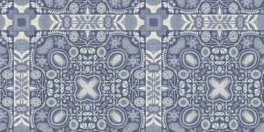 Farm house blue damask seamless border. Tonal french intricate cottage style trim. Simple rustic fabric textile for shabby chic patchwork