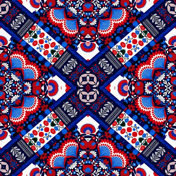 Folkart quilt traditional pattern. Patchwork red white blue trendy allover print. Norwegian style European cloth